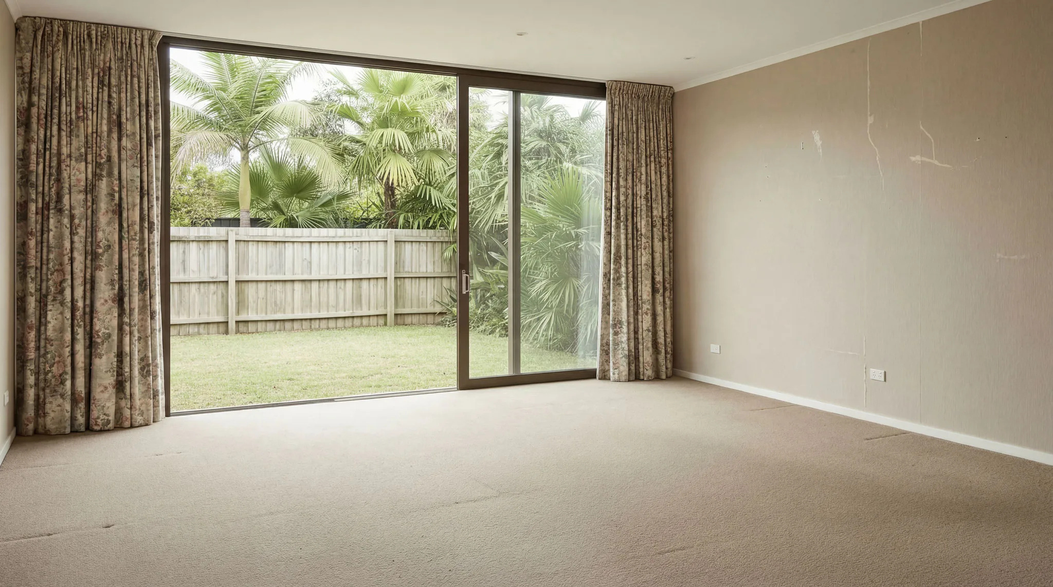 Spacious empty room with beige carpet, large sliding glass doors with patterned curtains, overlooking a private garden with palm trees and wooden fence