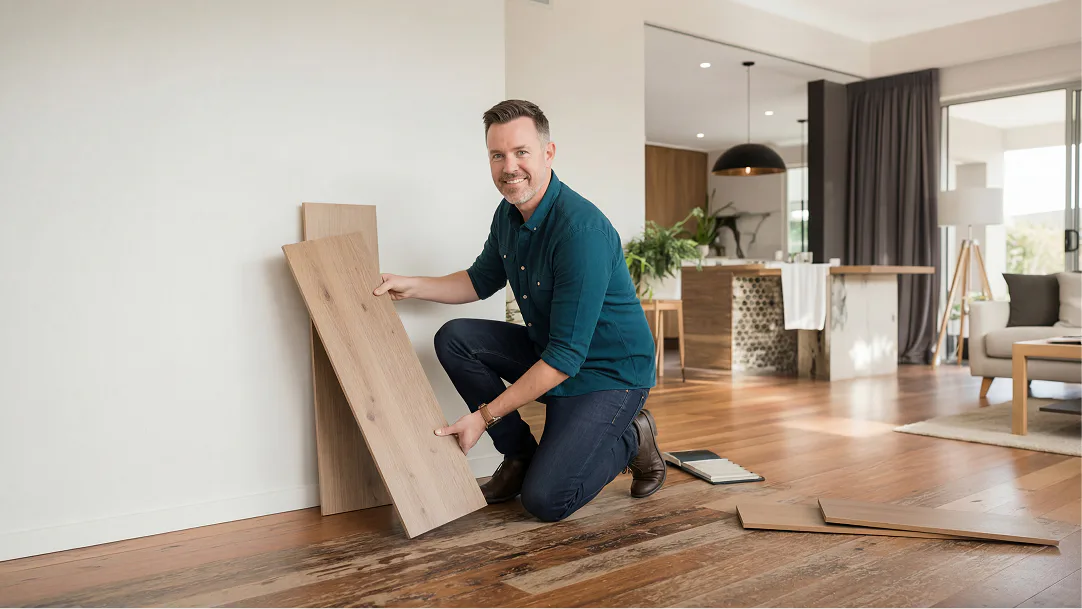 Smiling male flooring specialist in teal shirt crouching beside light wood flooring sample in modern living room with hardwood floors and contemporary furniture.