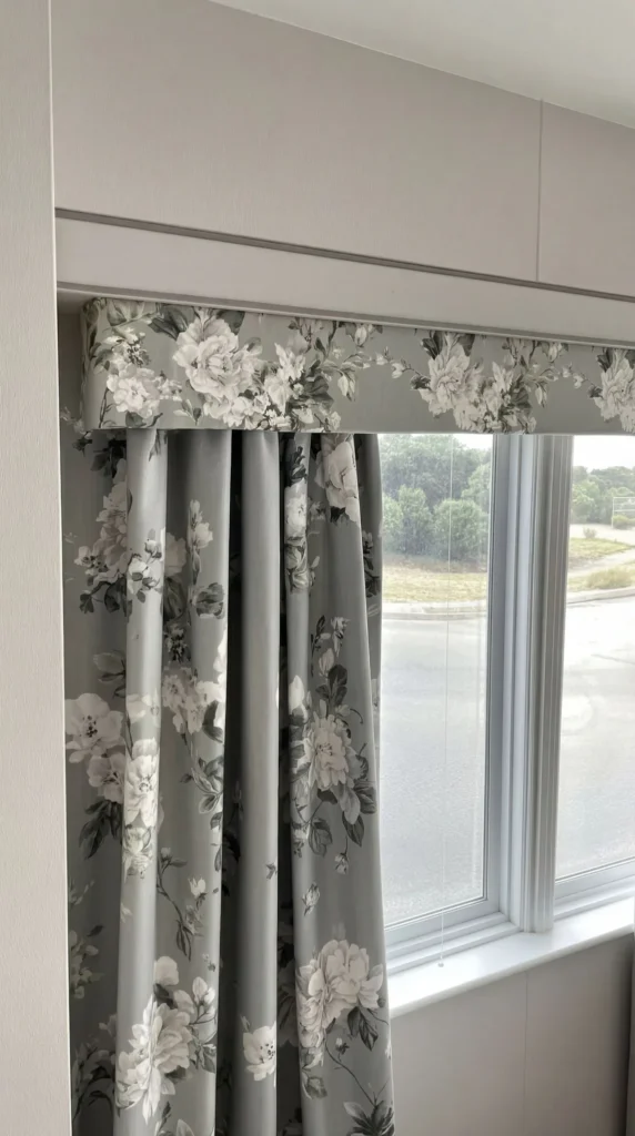 Gray floral patterned curtains with matching pelmet valance hanging on modern white window frame, featuring large white flowers and green leaves on gray fabric