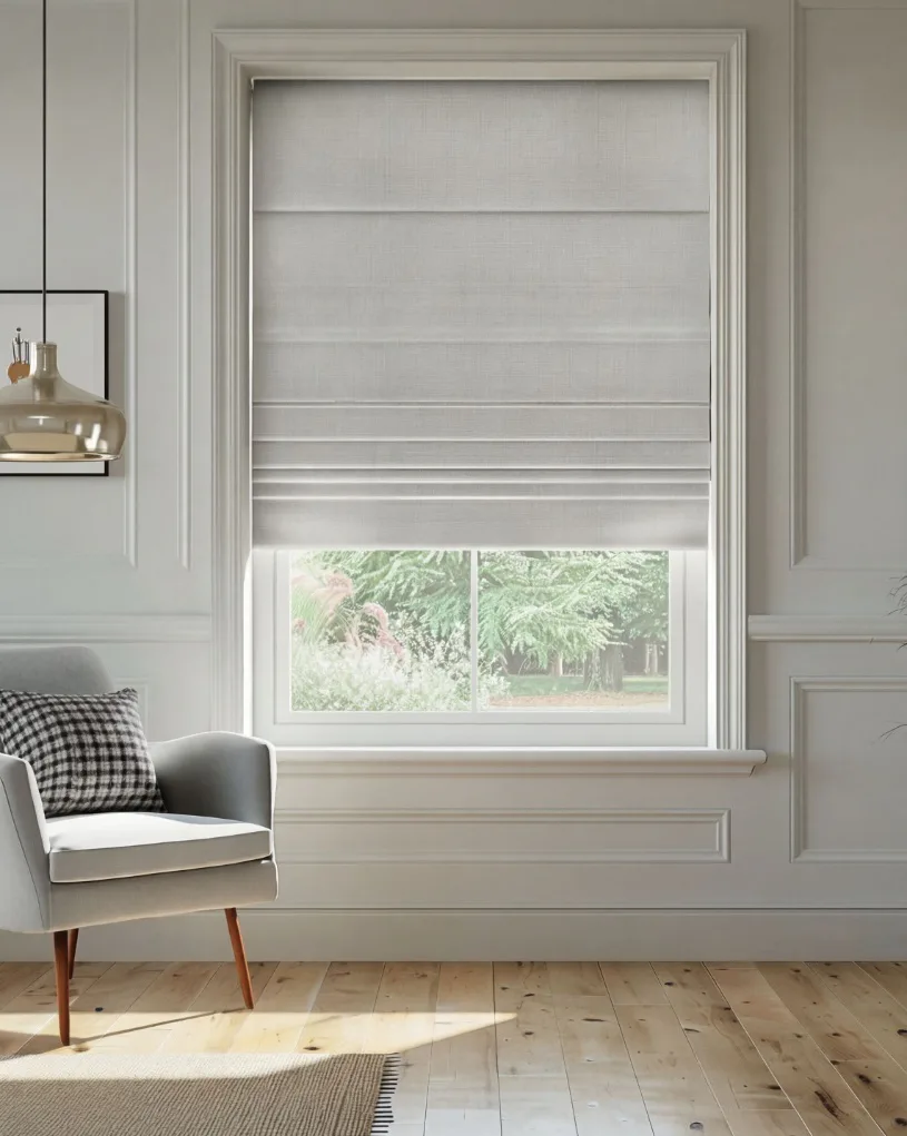 Grey fabric roman blinds partially lowered on a white-framed window in a modern living room with light grey walls, featuring a grey upholstered chair with checkered cushion and wooden floors