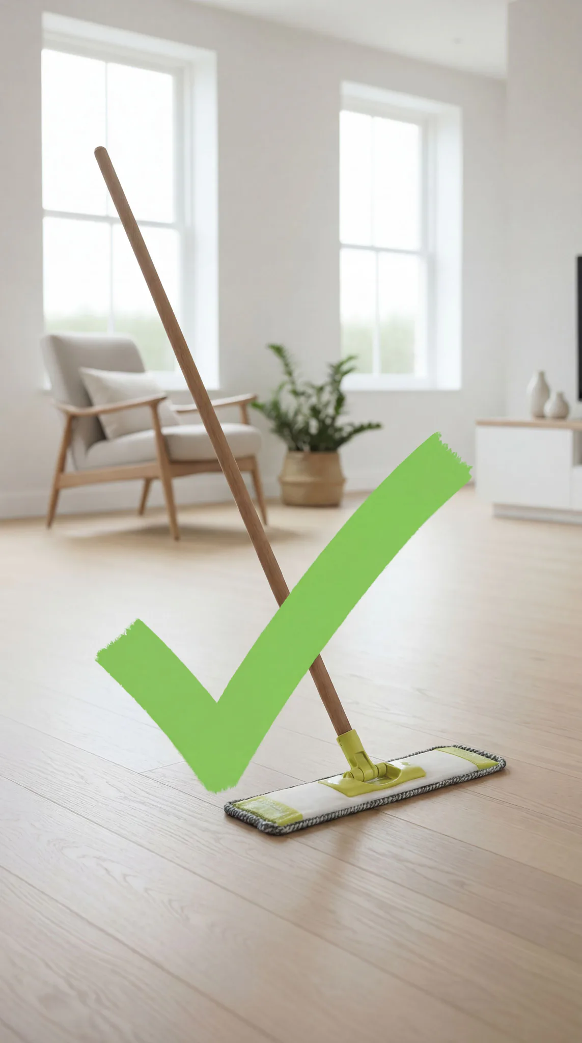 A microfiber dry mop with wooden handle painting a large green checkmark on light hardwood flooring in a bright, minimalist living room with windows and furniture.