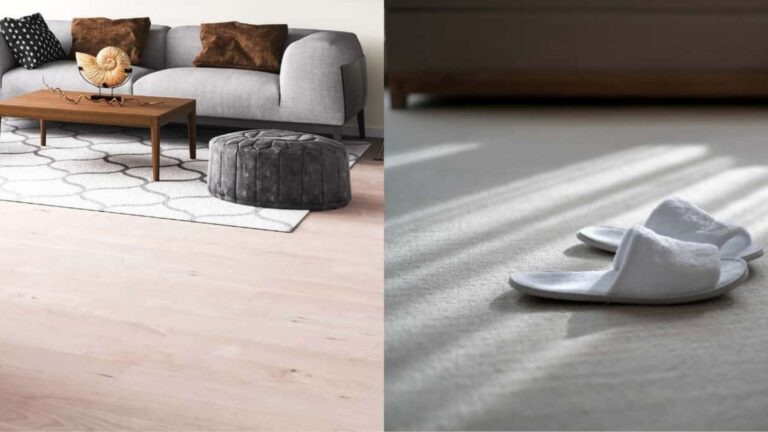 A side-by-side image of vinyl and carpet flooring