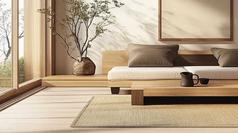 Serene bedroom interior featuring a low wooden platform bed with neutral pillows, ceramic vase with branches, textured area rug, wooden furniture, and floor-to-ceiling windows with natural light ca...