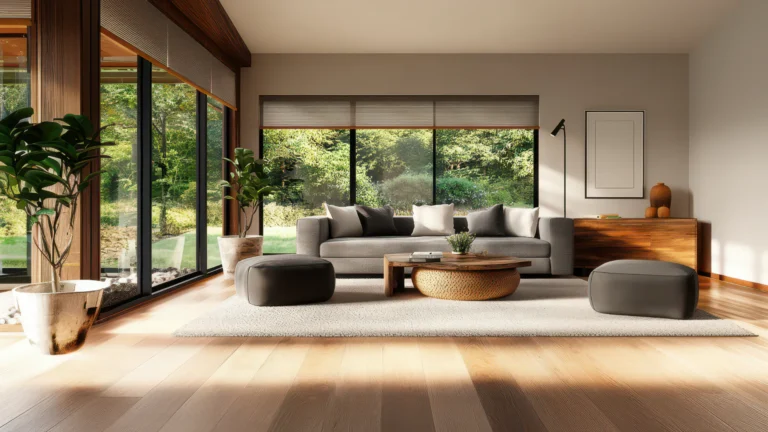 Spacious living room with gray sectional sofa, woven coffee table, and neutral pouf seating on light wooden floors, overlooking forest landscape through large black-framed windows with white roller...