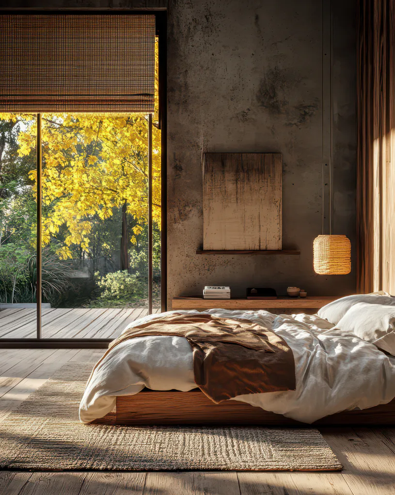Serene bedroom featuring a low wooden platform bed with white linens, concrete accent wall with weathered wooden panel, woven lamp, and floor-to-ceiling window overlooking yellow autumn foliage and...