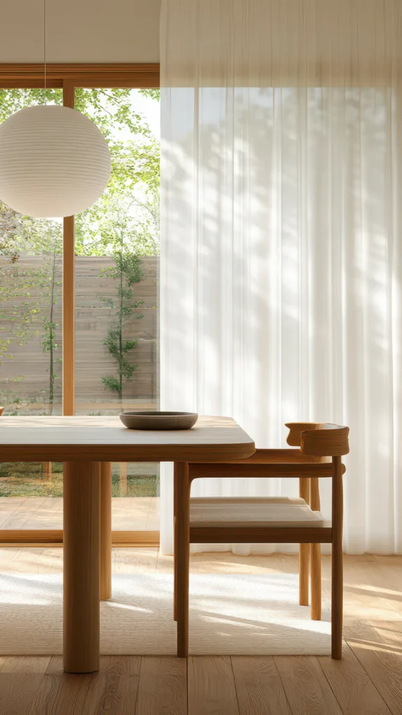Minimalist wooden dining space with round paper pendant lamp, simple wood table and chair, large windows with flowing white curtains framing green garden foliage and natural sunlight casting geomet...