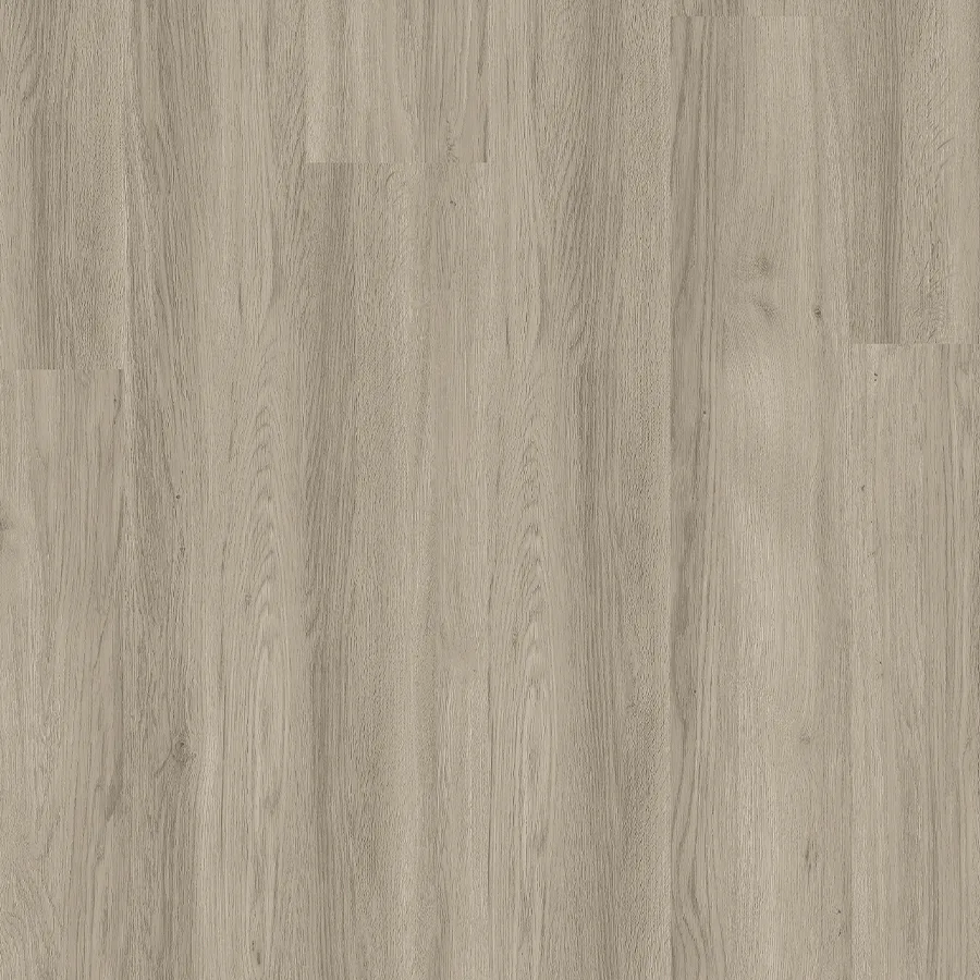 Close-up view of light gray vinyl plank flooring sample showing realistic wood grain texture with natural oak-like patterns and subtle color variations