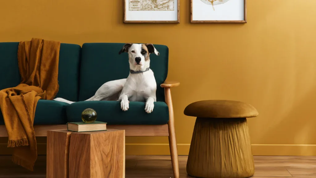 White and brown dog sitting on a teal mid-century modern sofa with wooden arms in a mustard yellow room, wooden coffee table with books and globe visible nearby