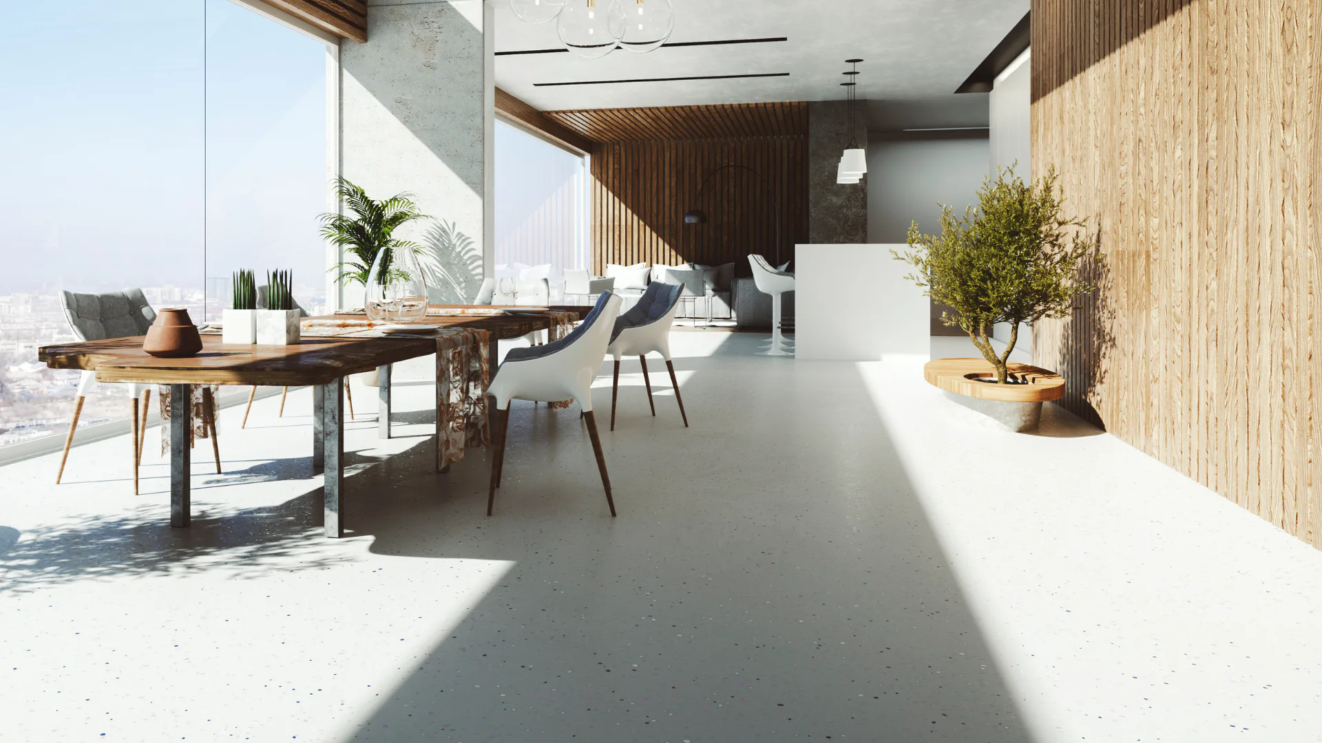 Contemporary open-plan office interior featuring wooden dining table with white chairs, floor-to-ceiling windows with city skyline view, vertical wood paneling, potted plants, and polished concrete...