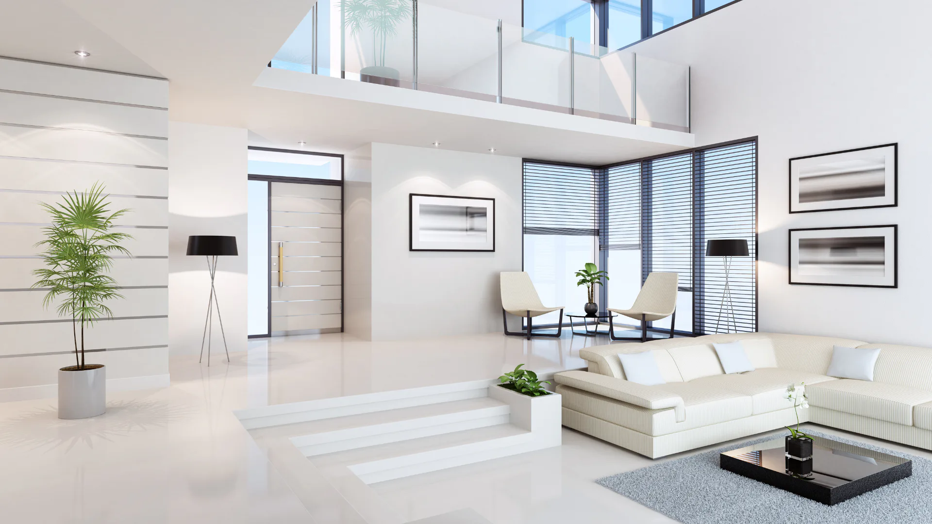 Bright, minimalist loft interior with cream sectional sofa, glass railings, blue shutters, framed artwork, potted plants, black tripod lamp, and clean geometric white walls with mezzanine level.