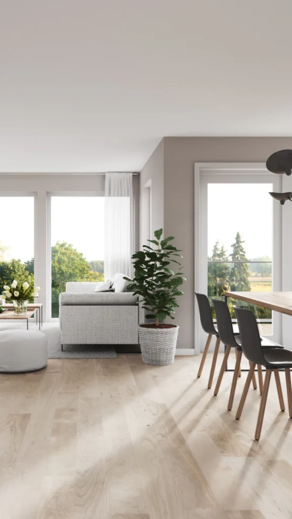 Contemporary living room with gray armchair, potted plant in woven basket, black dining chairs, light wood flooring, and large windows overlooking green landscape and trees
