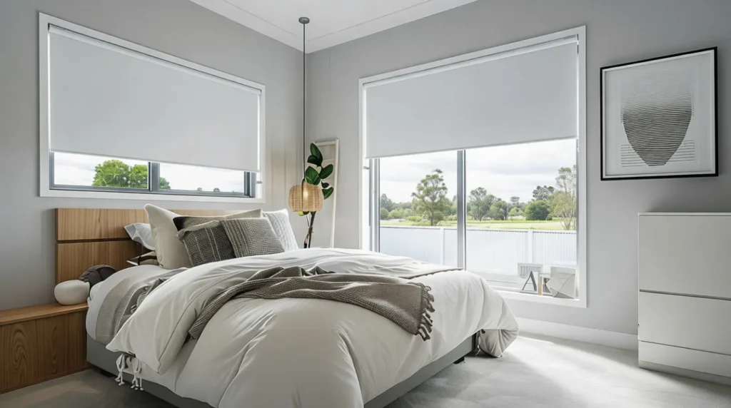 Contemporary bedroom featuring white blockout roller blinds on corner windows, neutral bedding, wooden headboard, and minimalist decor with garden views