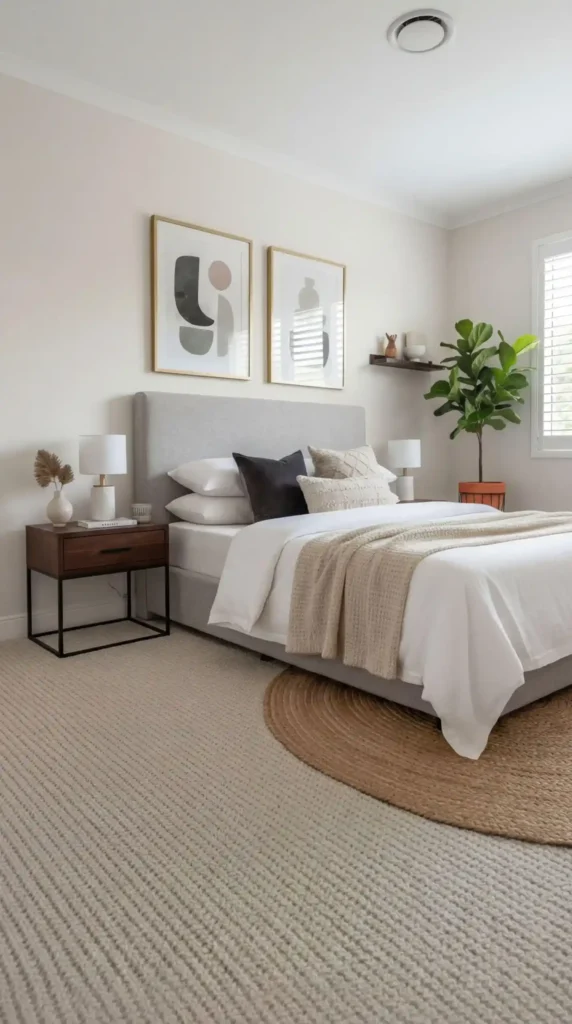 Modern bedroom with gray upholstered bed, white bedding, and two abstract art prints above. A fiddle leaf fig adds greenery.