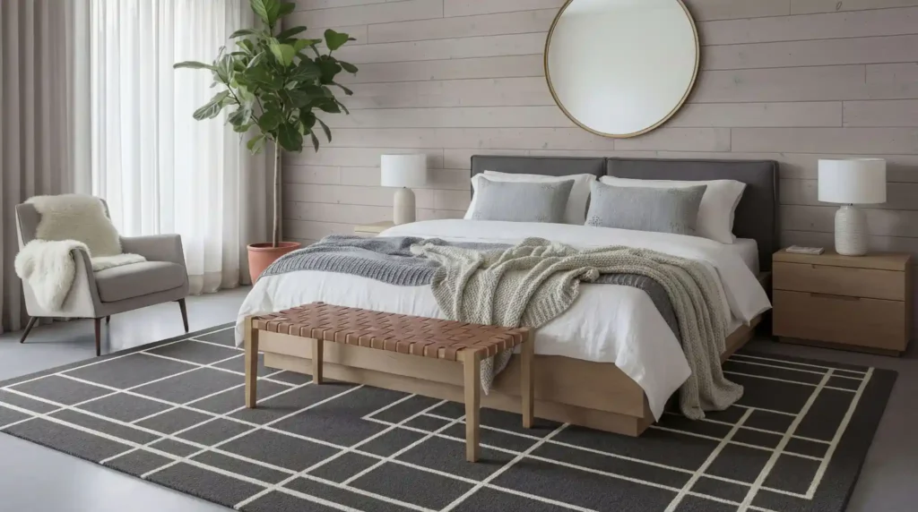 Stylish modern bedroom featuring a large geometric patterned area rug in charcoal and cream, centered under a king bed with grey headboard, wooden nightstands, and natural lighting from sheer curtains