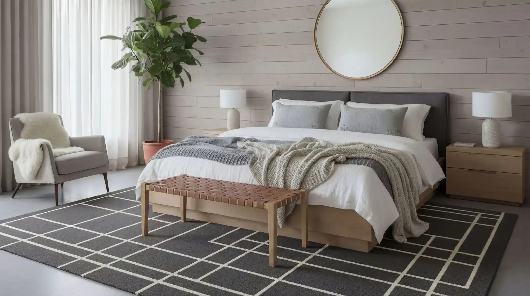 Stylish modern bedroom featuring a large geometric patterned area rug in charcoal and cream, centered under a king bed with grey headboard, wooden nightstands, and natural lighting from sheer curtains