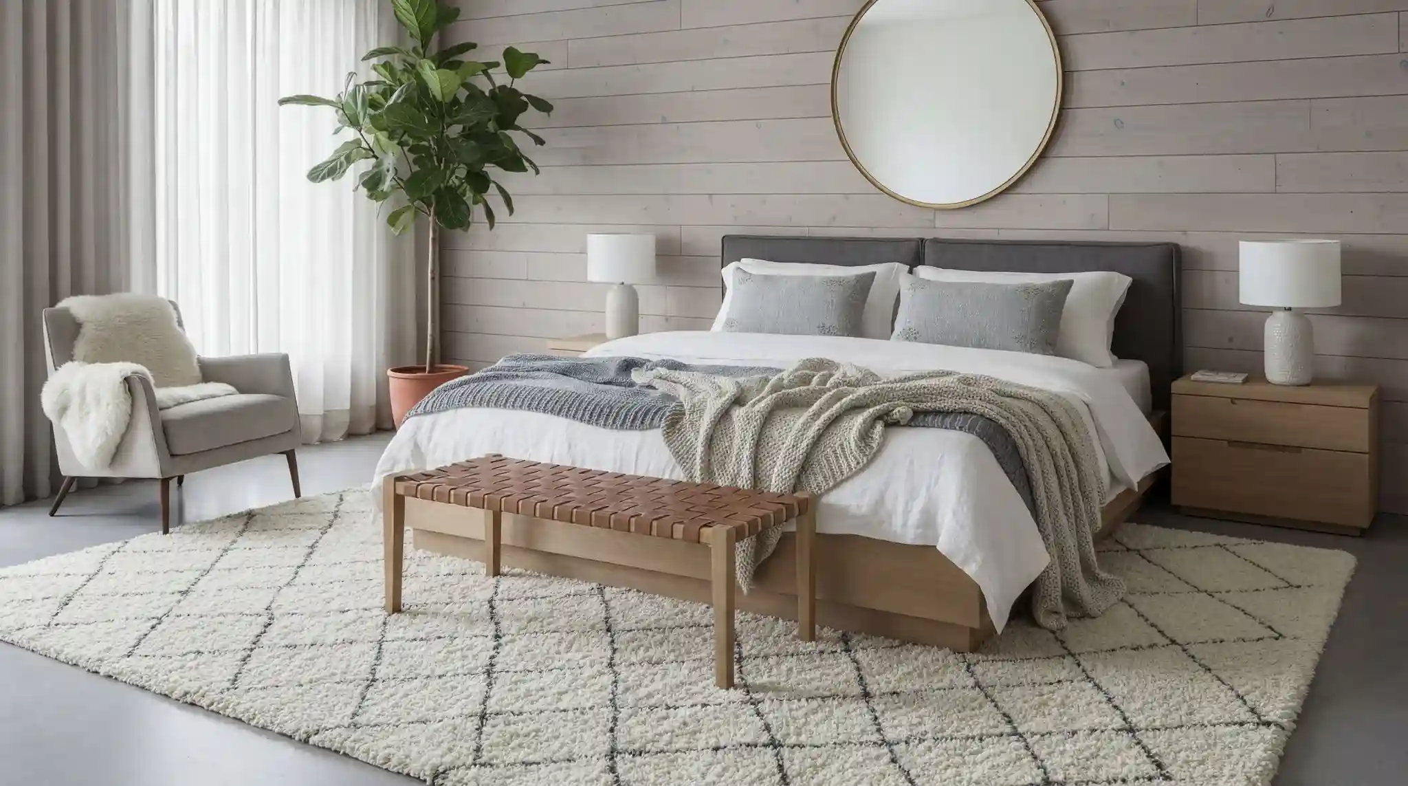 Modern bedroom featuring a large geometric patterned area rug in neutral tones beneath a bed with white linens, flanked by bedside tables with lamps and a cozy reading chair