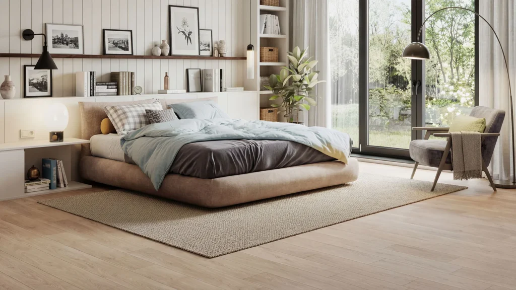 Spacious modern bedroom featuring light wood-look vinyl plank flooring, beige upholstered platform bed with blue bedding, built-in shelving with books and decor, arc floor lamp, and large windows o...