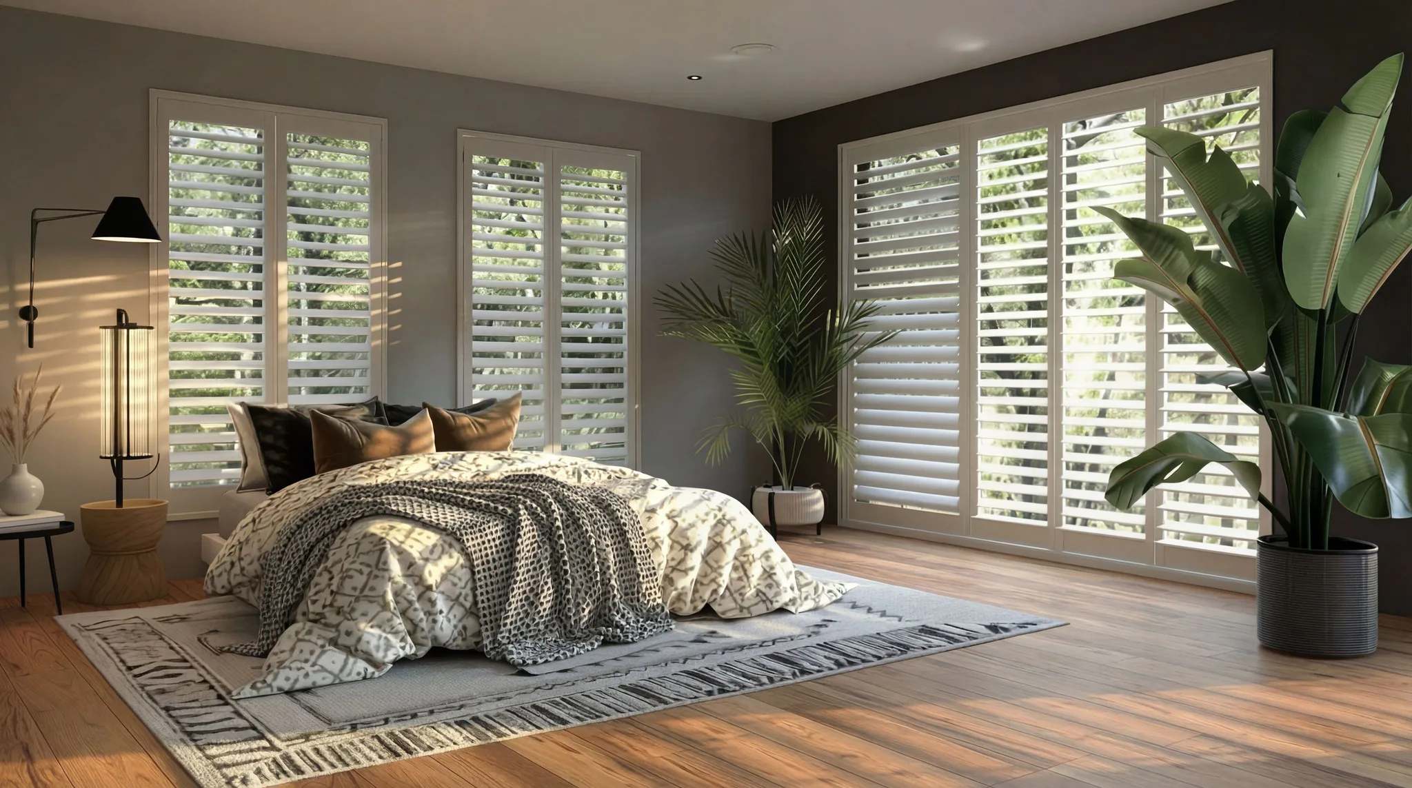 Spacious modern bedroom featuring white plantation shutters on multiple windows, a bed with patterned bedding, tropical plants, and warm wood flooring in natural lighting.