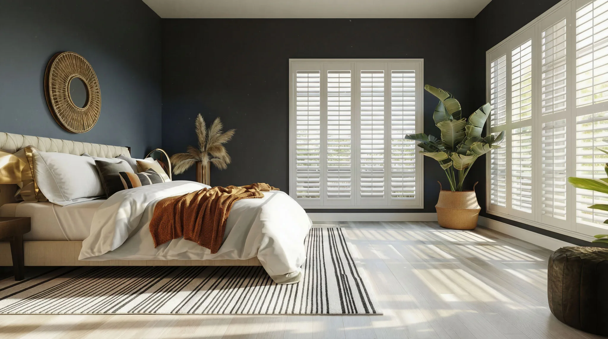 Spacious modern bedroom featuring white plantation shutters on large windows, dark navy walls, cream tufted bed with orange throw, woven mirror, and natural plants creating elegant natural light co...