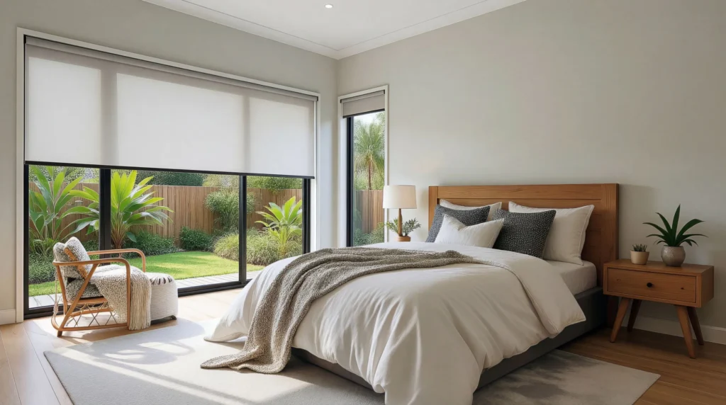 Contemporary bedroom featuring white roller blinds on large windows overlooking lush garden, wooden bed frame with neutral bedding, timber nightstand, and woven accent chair