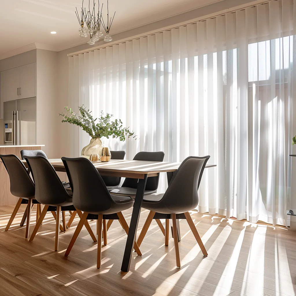 Contemporary dining room featuring a wooden table with black chairs, sheer white vertical blinds covering large windows, pendant lighting, and hardwood flooring with natural light streaming in.