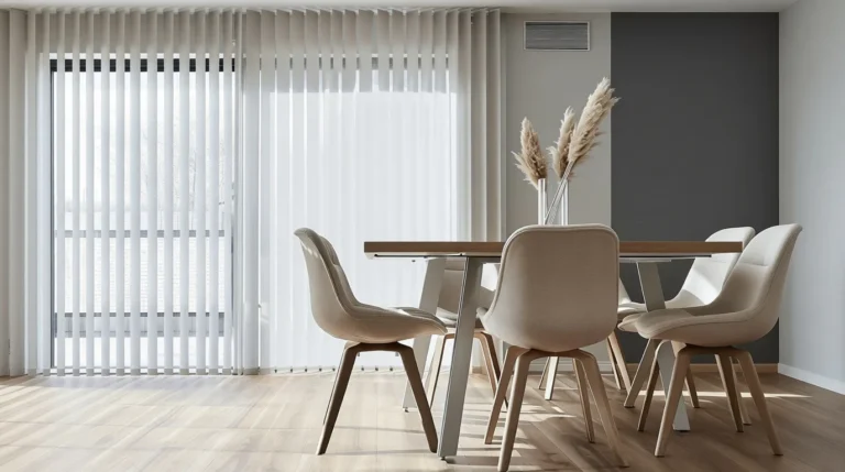 Contemporary dining room featuring white vertical blinds covering large windows, round wooden table with beige upholstered chairs, and pampas grass centerpiece in neutral-toned interior