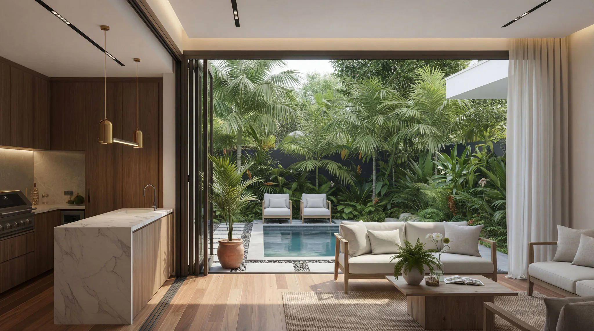 Contemporary open-plan living space featuring warm engineered timber flooring, marble kitchen island, neutral furniture, and folding glass doors opening to tropical garden with pool