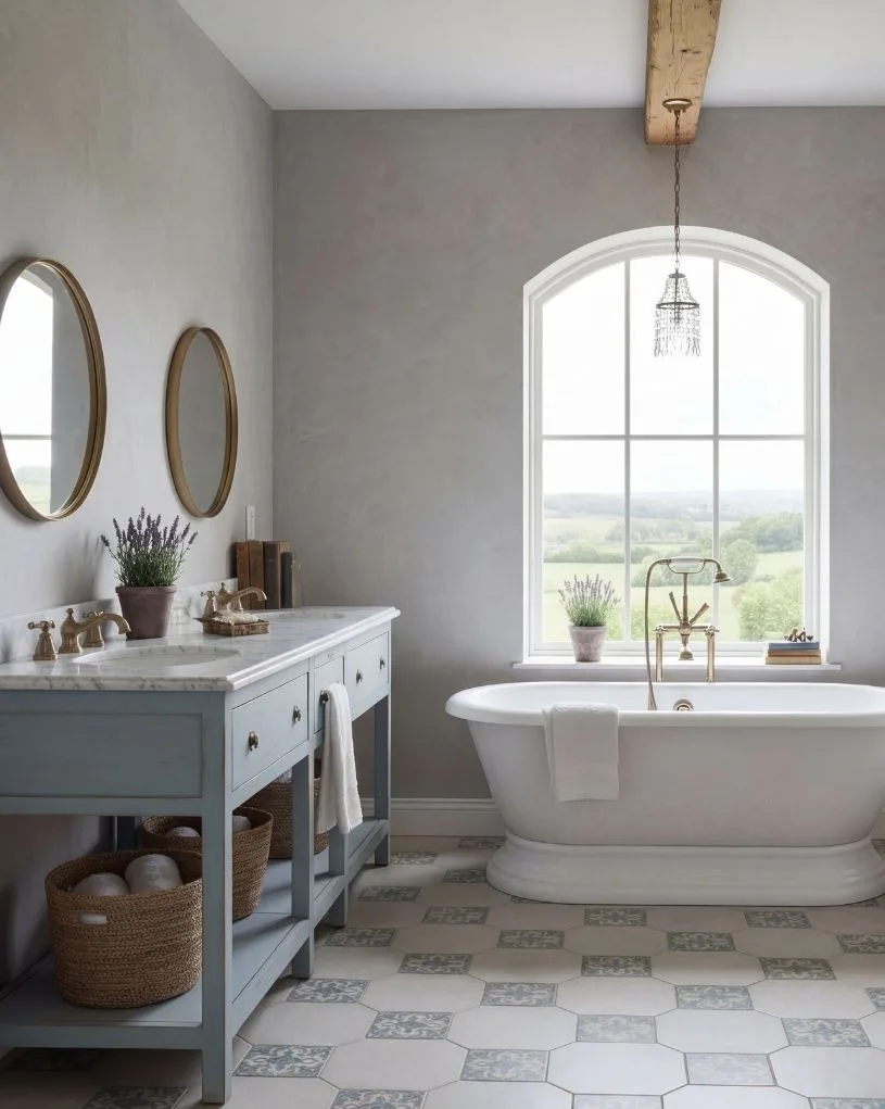 Elegant bathroom featuring a freestanding white soaking tub, dual round mirrors above a gray vanity with marble countertop, arched window overlooking countryside, pendant chandelier, and patterned ...
