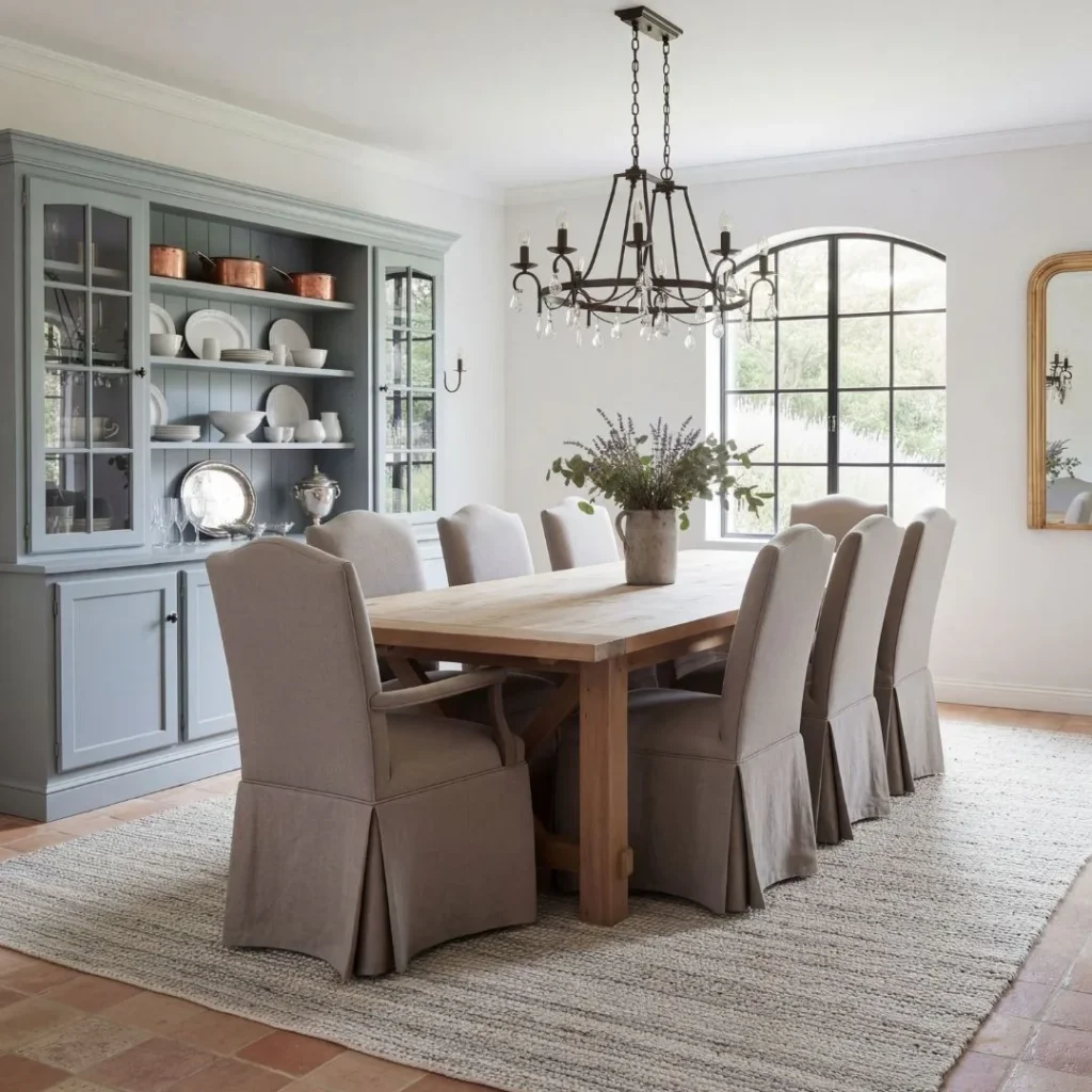 Elegant dining room with wooden table, six upholstered beige chairs, wrought iron chandelier with crystal accents, light blue glass cabinet with white dinnerware, arched window, and gold mirror.