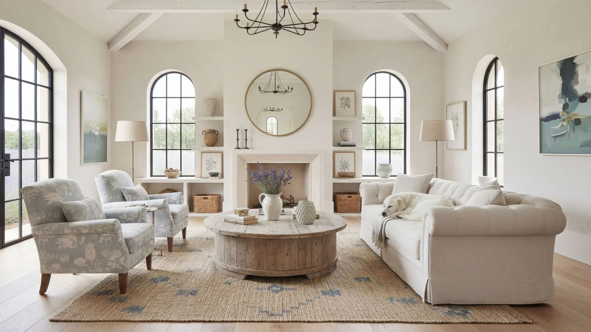 Bright, airy living room with cream-colored sofas, patterned accent chairs, round wooden coffee table, fireplace with built-in shelving, arched windows with black frames, and a white dog resting on...