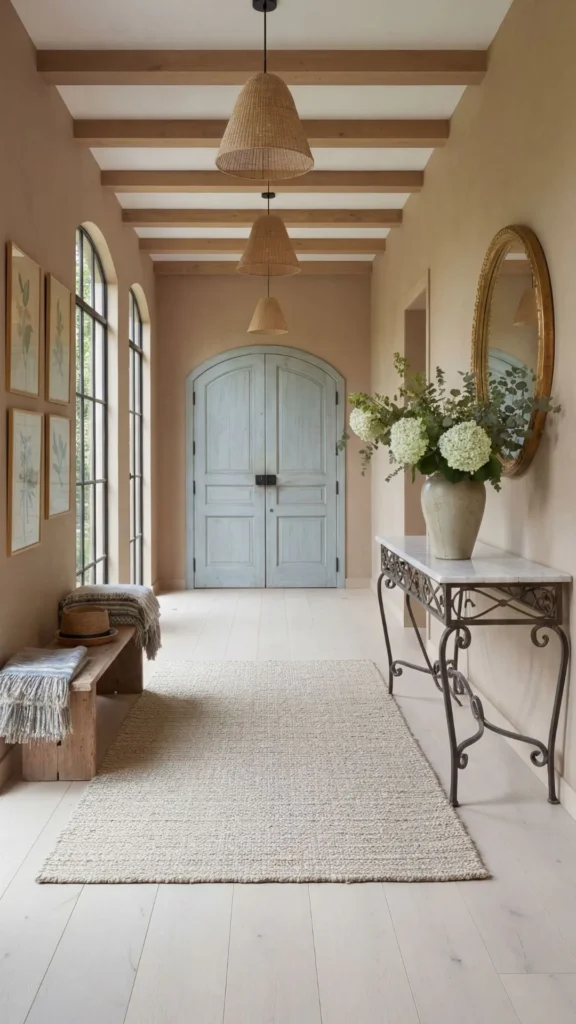 Elegant hallway featuring exposed wooden ceiling beams, three cascading woven pendant lights, pale blue arched doors, ornate round mirror, wrought iron console table with white hydrangeas, and neut...