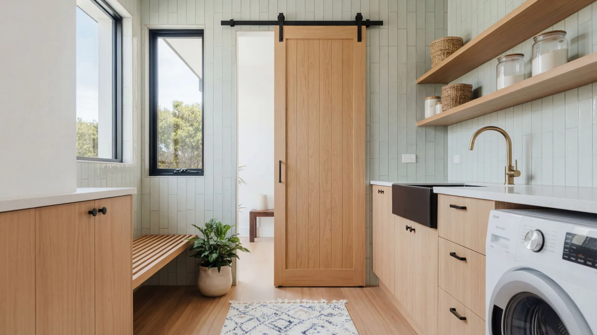 Contemporary kitchen featuring natural bamboo flooring, wooden cabinetry, white subway tile backsplash, sliding barn door, open shelving with storage baskets, and windows overlooking outdoor landsc...