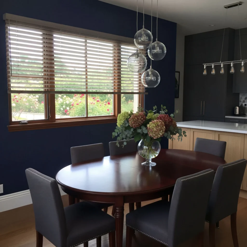 Contemporary kitchen-dining space featuring large windows dressed with horizontal wooden venetian blinds, dark blue accent wall, round dark wood table with upholstered chairs, and hanging glass pen...