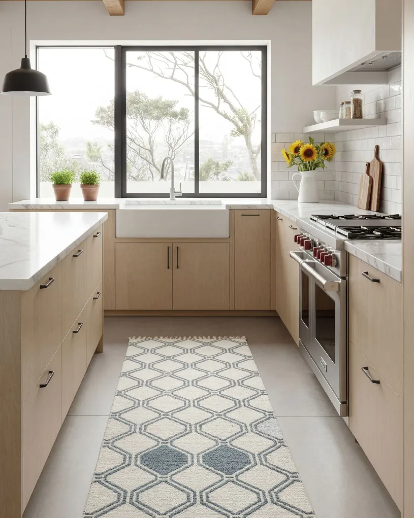 Bright modern kitchen featuring light wood cabinets, white subway tile backsplash, and geometric patterned runner rug in neutral tones positioned on light tile flooring