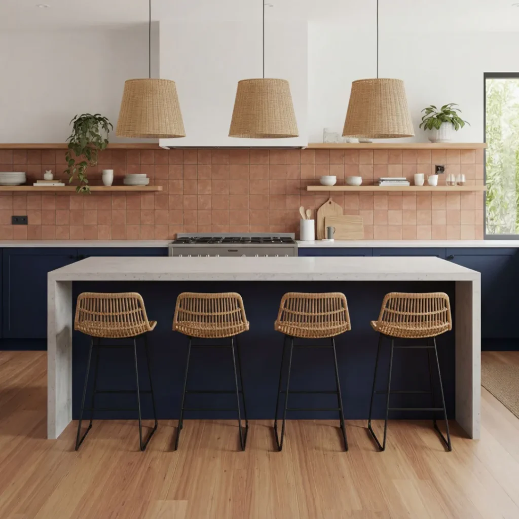 Contemporary kitchen featuring light wood hybrid flooring, a large concrete island with woven rattan bar stools, terracotta tile backsplash, and three woven pendant lights above.