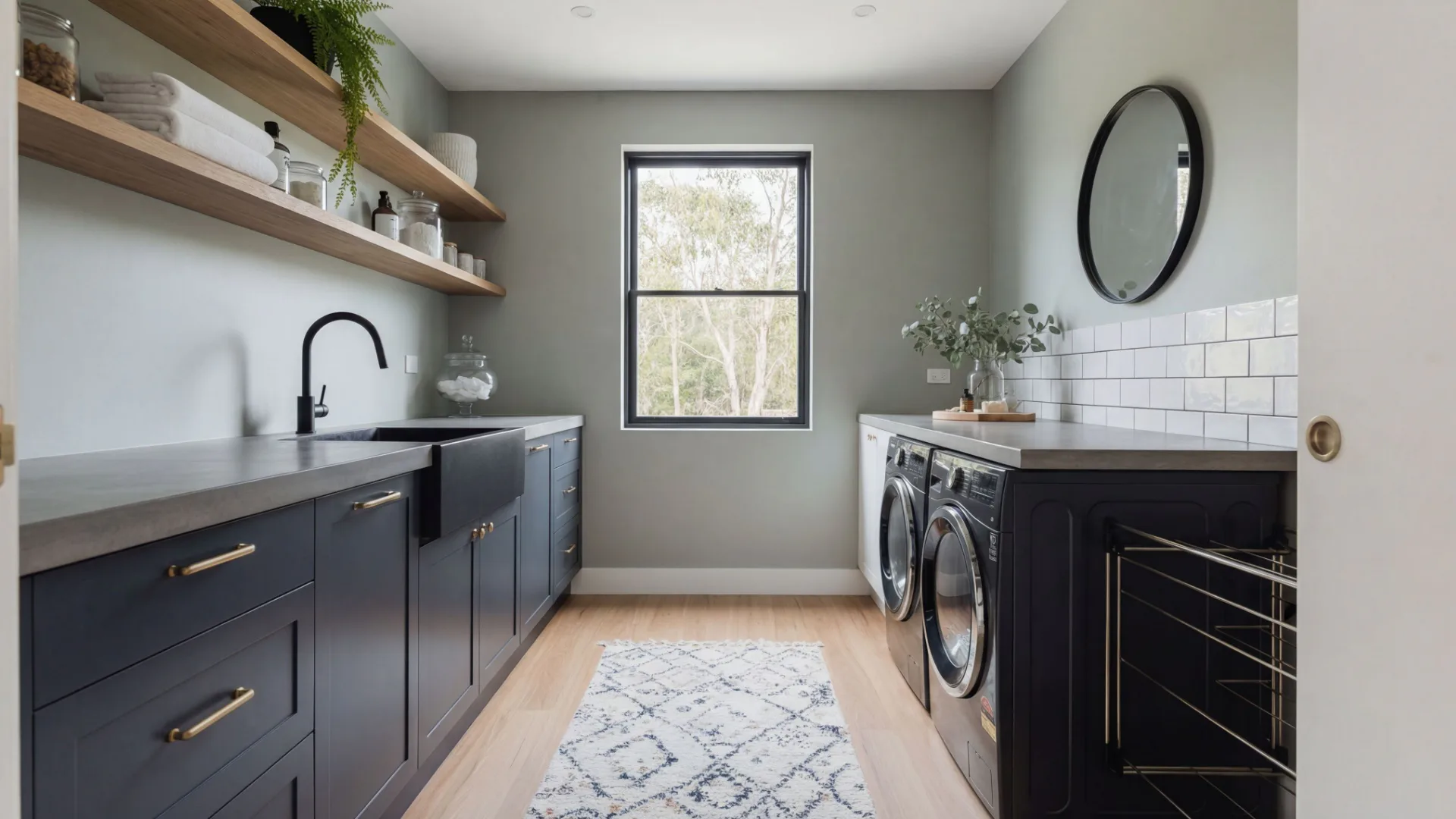Contemporary laundry room featuring black front-load washers and dryer on light wood flooring, with sage green walls, white subway tile backsplash, wooden shelving, and a round black mirror.