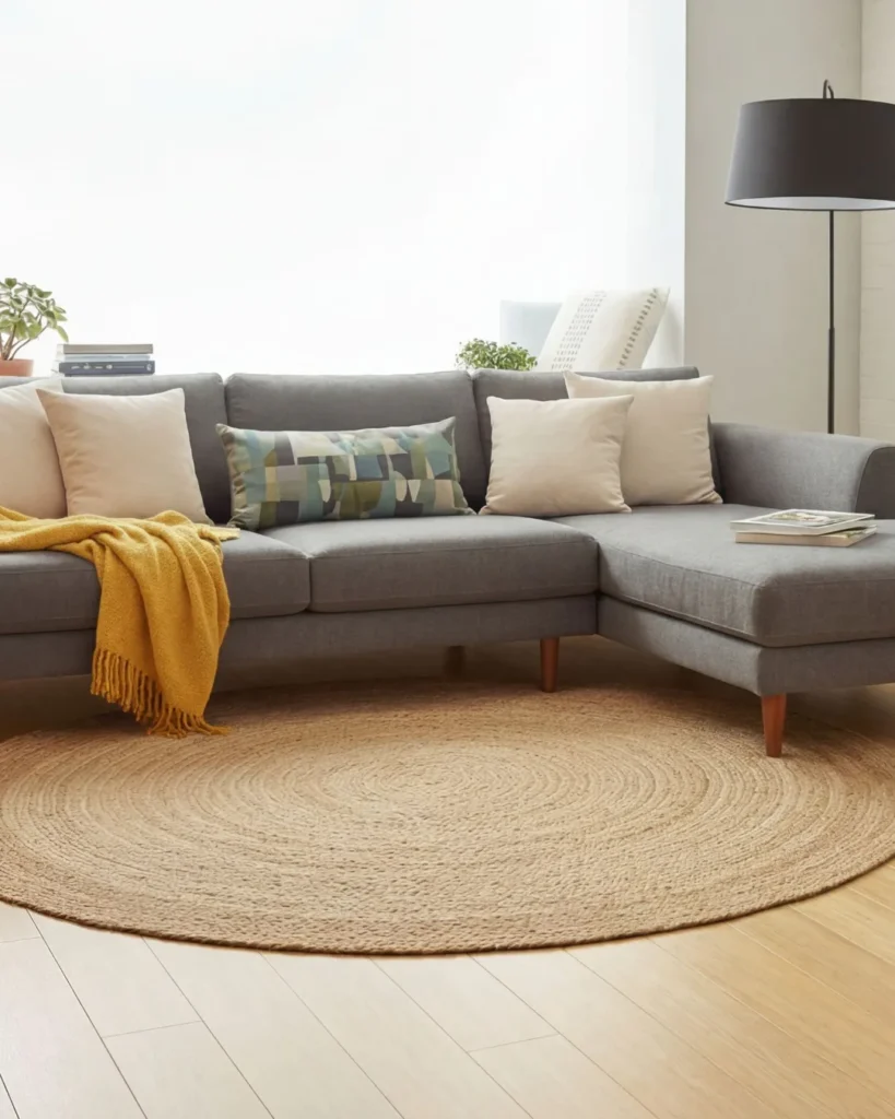Contemporary living room featuring a gray sectional sofa with cream pillows, natural jute area rug, wooden flooring, yellow throw blanket, potted plants, and black floor lamp against neutral walls.