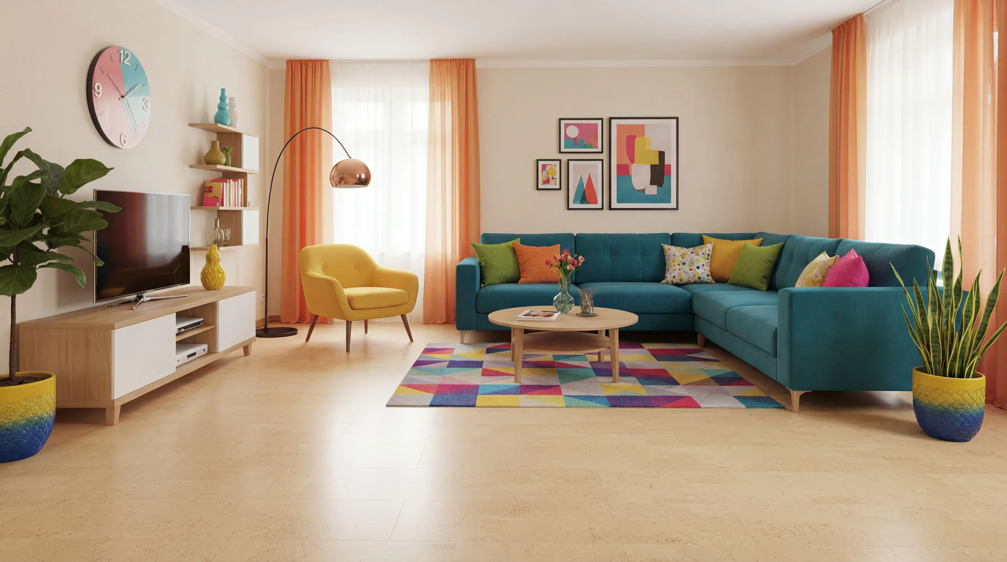 Bright living room featuring a teal sectional sofa with colorful pillows, wooden cork flooring, a yellow mid-century chair, colorful geometric area rug, and orange curtains with artwork and plants.