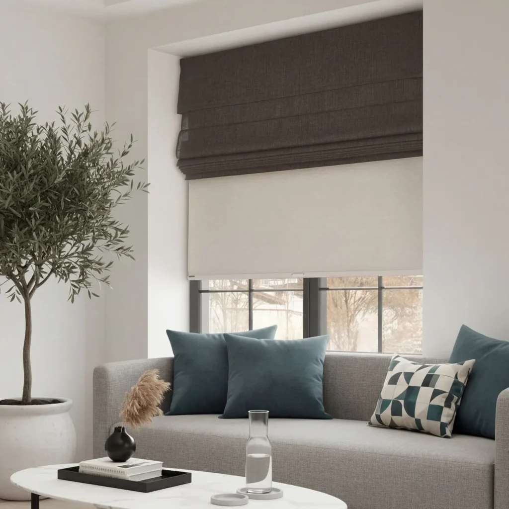 Contemporary living room featuring layered gray and cream roman shades on large windows, gray sectional sofa with teal pillows, white coffee table, and potted olive tree
