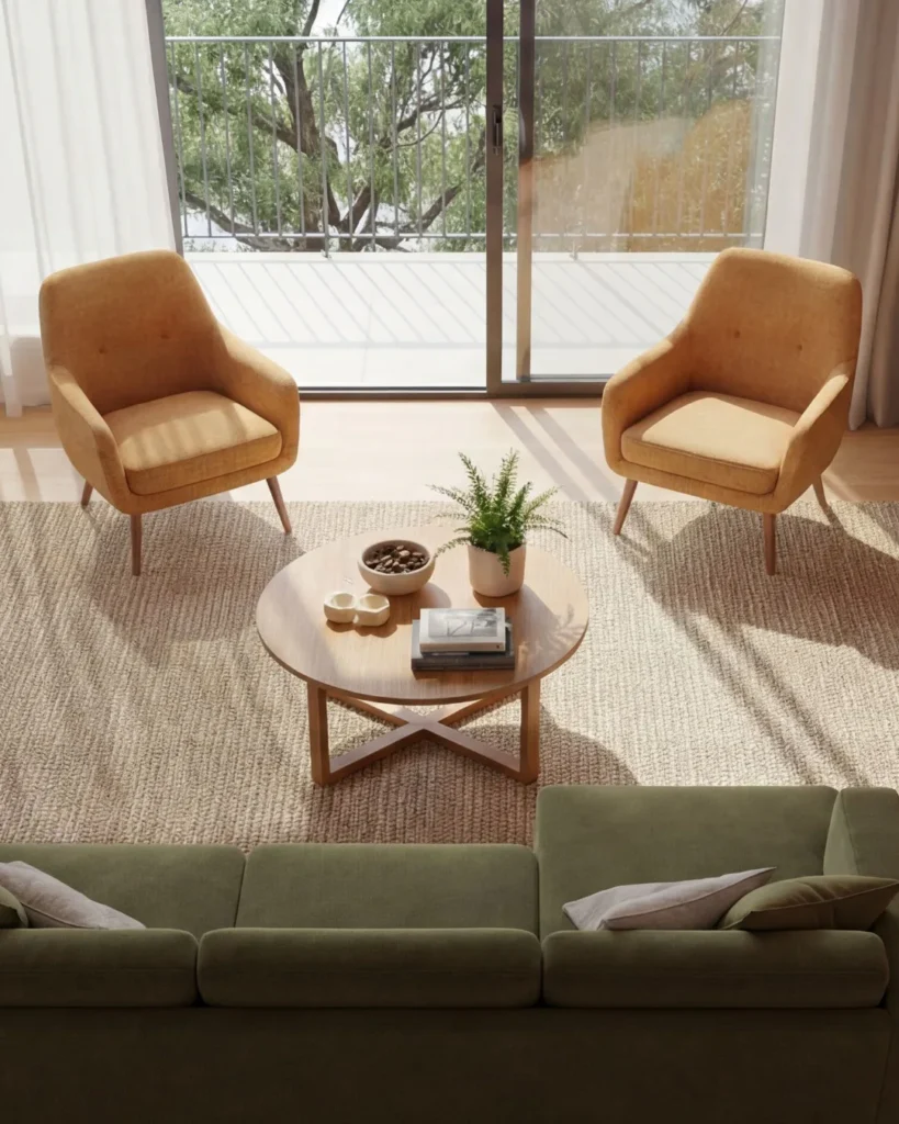 Contemporary living room featuring two caramel-toned armchairs, round wooden coffee table, green sofa, and neutral area rug on hybrid flooring with large windows overlooking trees.