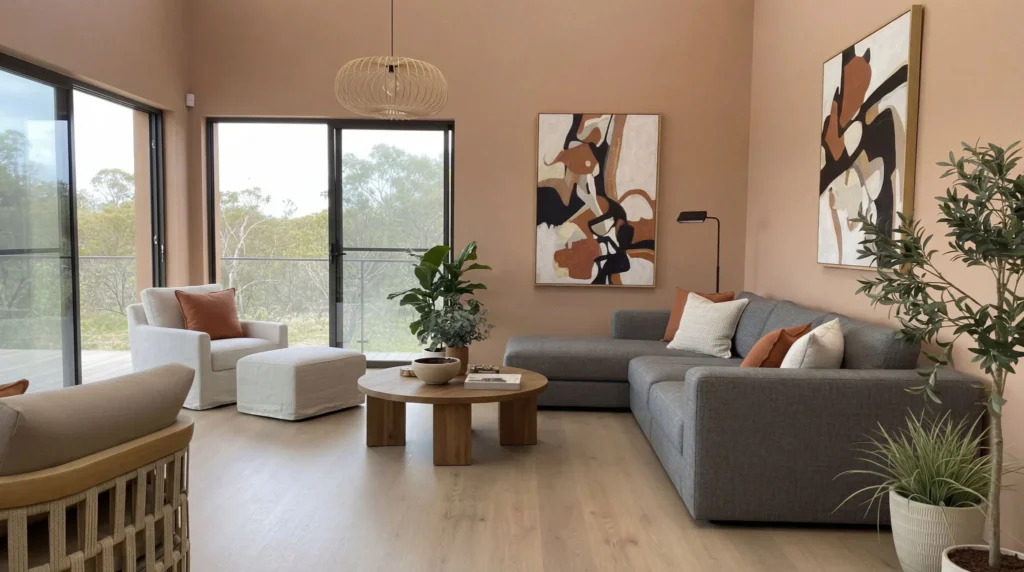 Contemporary living room featuring light wood hybrid flooring, grey sectional sofa with orange and cream pillows, white armchair, wooden coffee table, potted plants, abstract wall art, and floor-to...