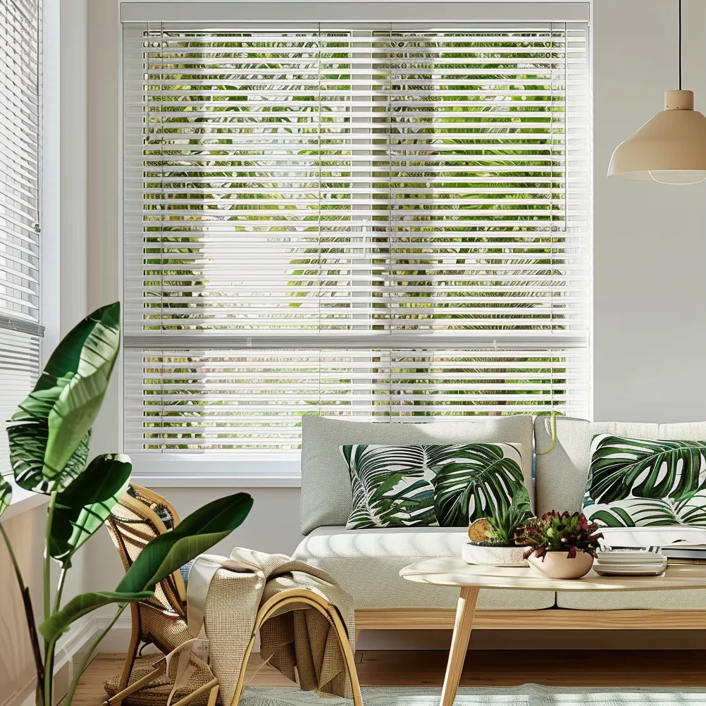 Bright modern living room featuring white horizontal venetian blinds on large window, light gray sofa with tropical leaf pillows, natural wood coffee table, and large banana plant creating natural ...