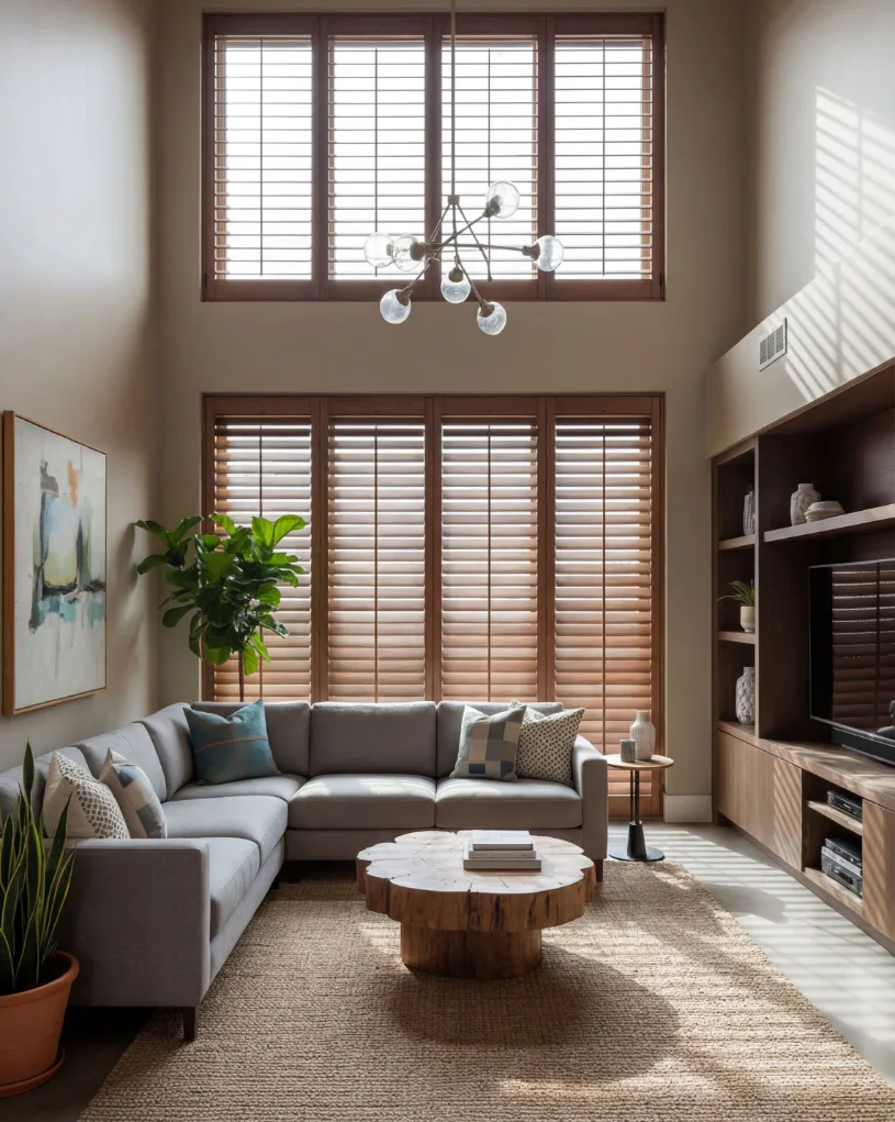 Contemporary living room featuring floor-to-ceiling wooden plantation shutters with wide louvres, grey sectional sofa, round coffee table, and built-in entertainment unit