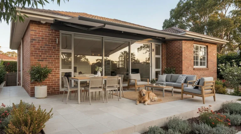 Large black retractable awning extends over brick home's patio featuring modern outdoor dining table with wicker chairs and grey lounge seating, with golden retriever lying on concrete floor