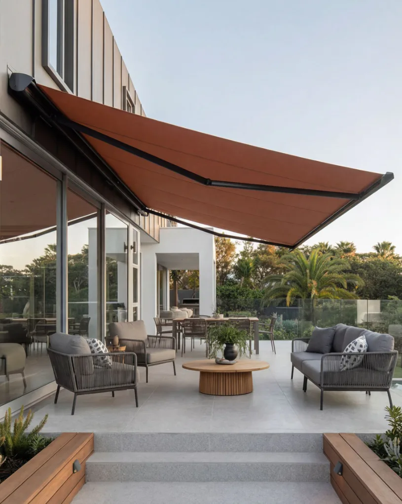 Contemporary terracotta retractable awning extended over a spacious patio with modern gray woven chairs, wooden coffee table, and lounge seating overlooking palm trees and landscape views.