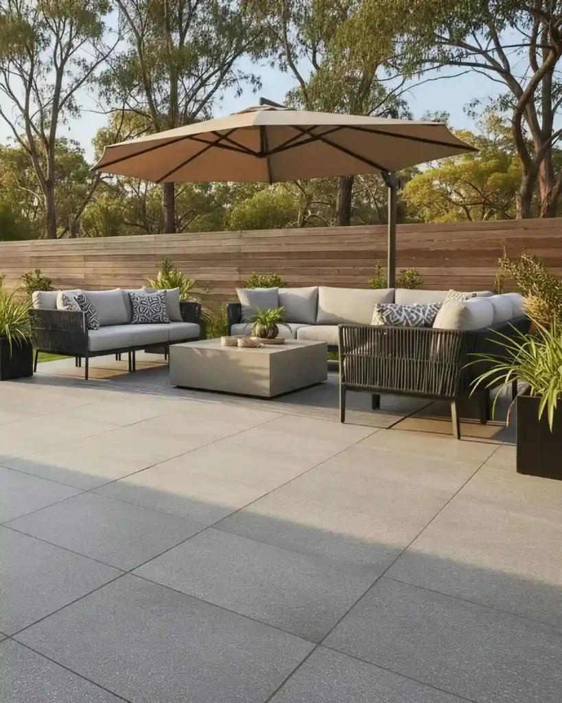 Contemporary patio space featuring large-format gray outdoor tiles, modern sectional seating with gray cushions under a tan cantilever umbrella, wooden privacy fence, and landscaping with trees and...