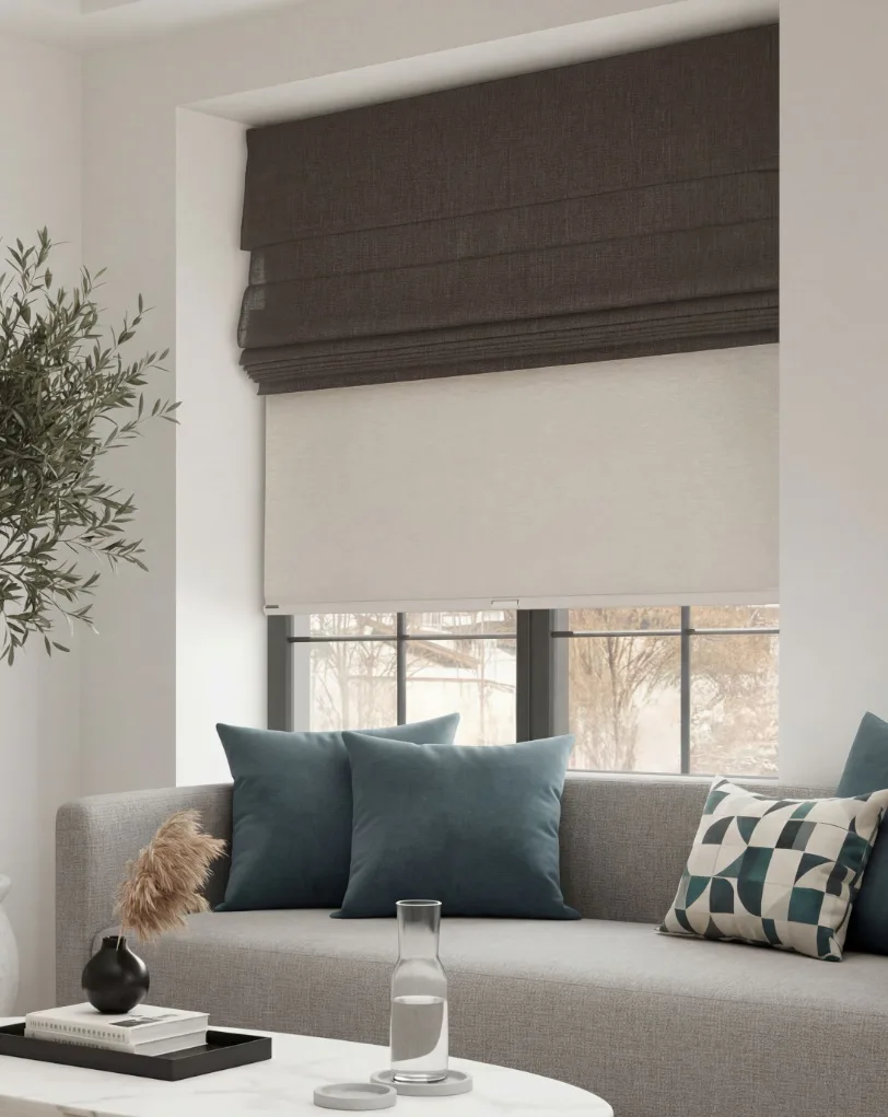 Grey Roman shade partially lowered over large window in modern living room with grey sofa, teal pillows, geometric throw pillow, and potted plant