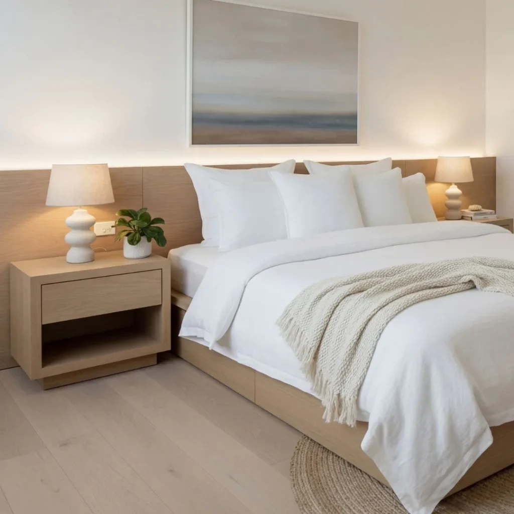 Minimalist bedroom featuring a bed with white linens and beige knit throw, natural wood nightstand with ceramic lamp and potted plant, warm accent lighting, and abstract landscape artwork above hea...