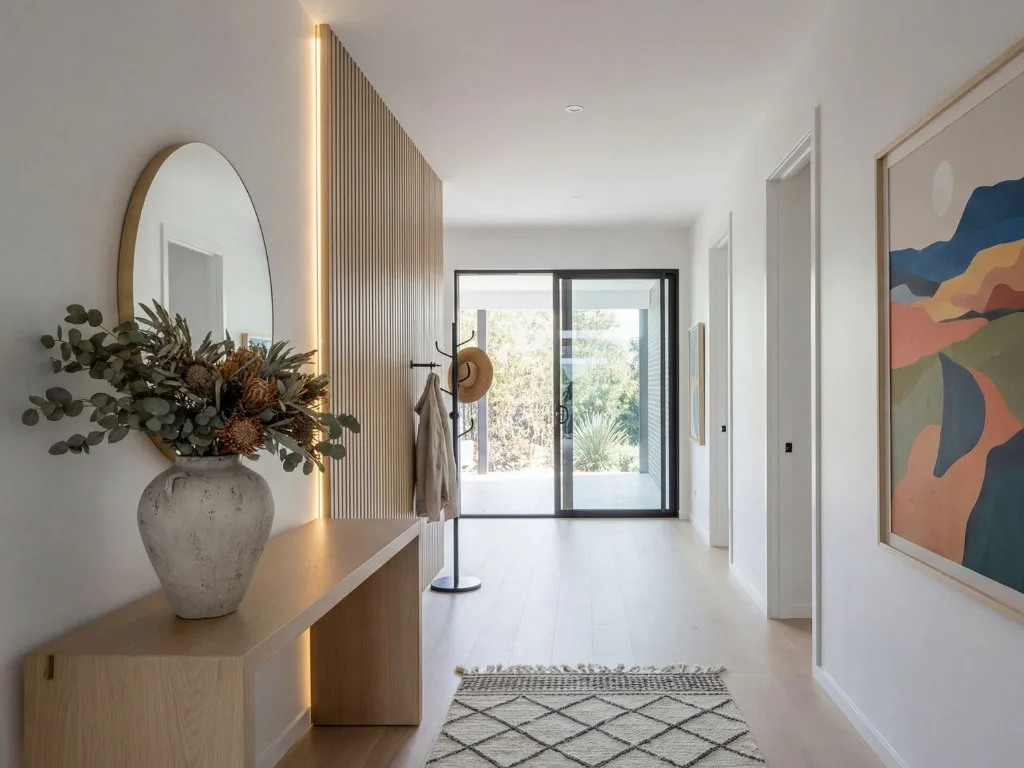 Bright Scandinavian hallway featuring a wooden console table with round mirror, dried flowers in concrete vase, black framed glass doors opening to outdoor patio, abstract landscape art, and geomet...