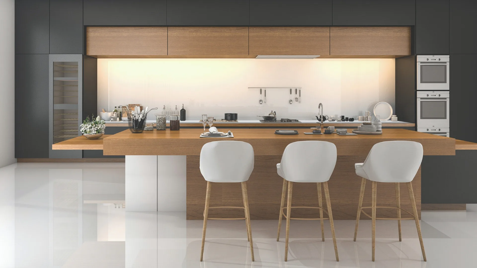 Contemporary Scandinavian kitchen featuring a large wooden island with three white bar stools, white backsplash, natural wood cabinetry, stainless steel appliances, and minimalist pendant lighting.